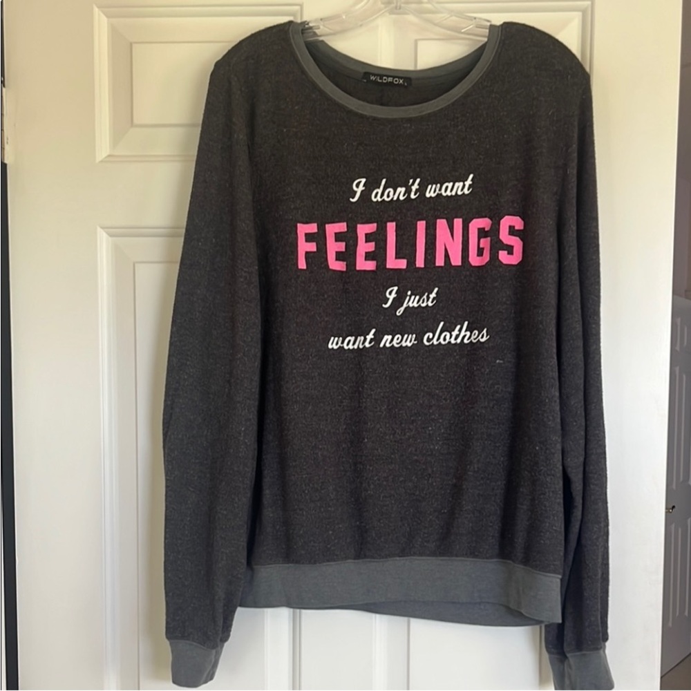 Wildfox Gray Crewneck Sweater with Pink Feelings Print